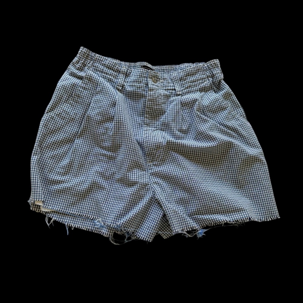 Vintage Lee Gingham High Waisted Shorts Blue White Check Raw Hem Pleated 26